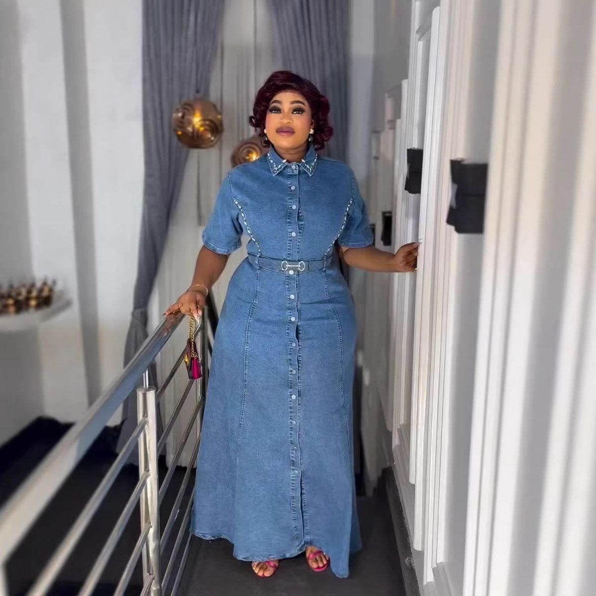 Rhinstone Foil Collar Short Sleeve Denim Dress For Women Tie Waist Long Shirt Dress New Arrival_ecoleips.com