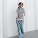 High End Women's Summer Two-Piece Set Sleeveless High Neck Tassel Patchwork Top With Satin Skirt Ensemble New Style For Spring Autumn_ecoleips.com