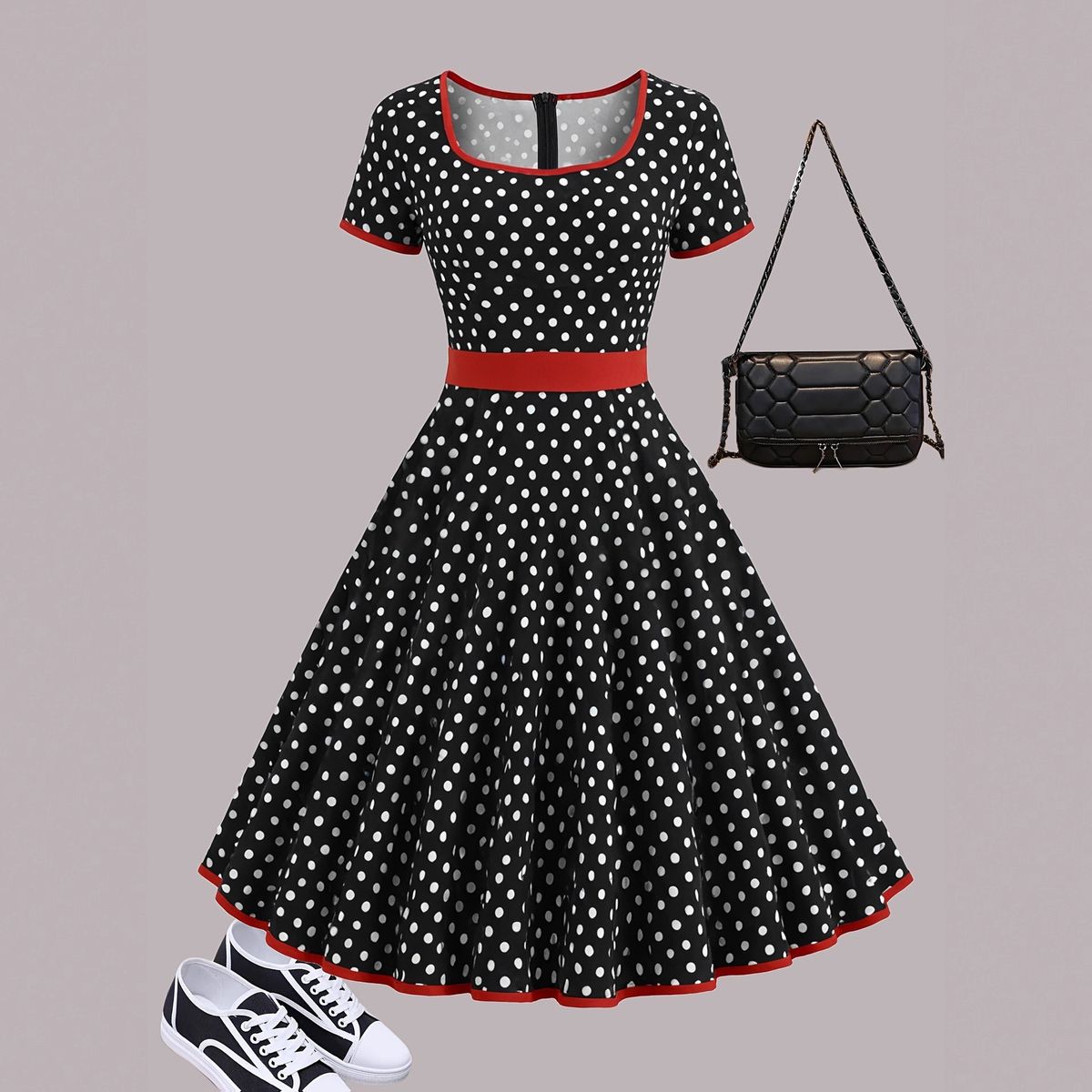 Vintage-Inspired Polka Dot Square Neck Short Sleeve Zipper Pleated Midi Dress For Women, Elegant A-Line Swing Skirt For Casual & Office Wear_ecoleips.com