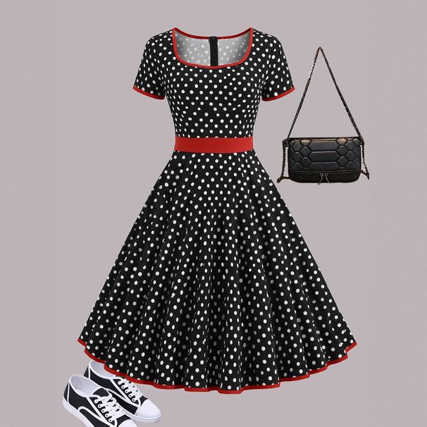 Vintage-Inspired Polka Dot Square Neck Short Sleeve Zipper Pleated Midi Dress For Women, Elegant A-Line Swing Skirt For Casual & Office Wear_ecoleips.com