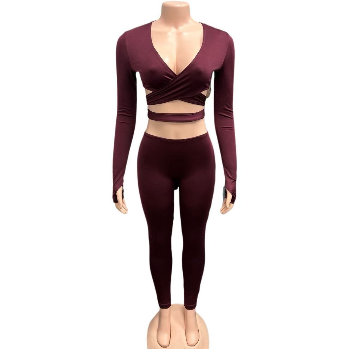 Women's V Neck Cross Strap Long Sleeve Top And Hip Lifting Pants Set European American Style Autumn New Clothing_ecoleips.com