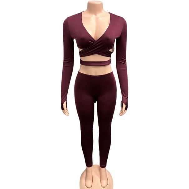 Women's V Neck Cross Strap Long Sleeve Top And Hip Lifting Pants Set European American Style Autumn New Clothing_ecoleips.com