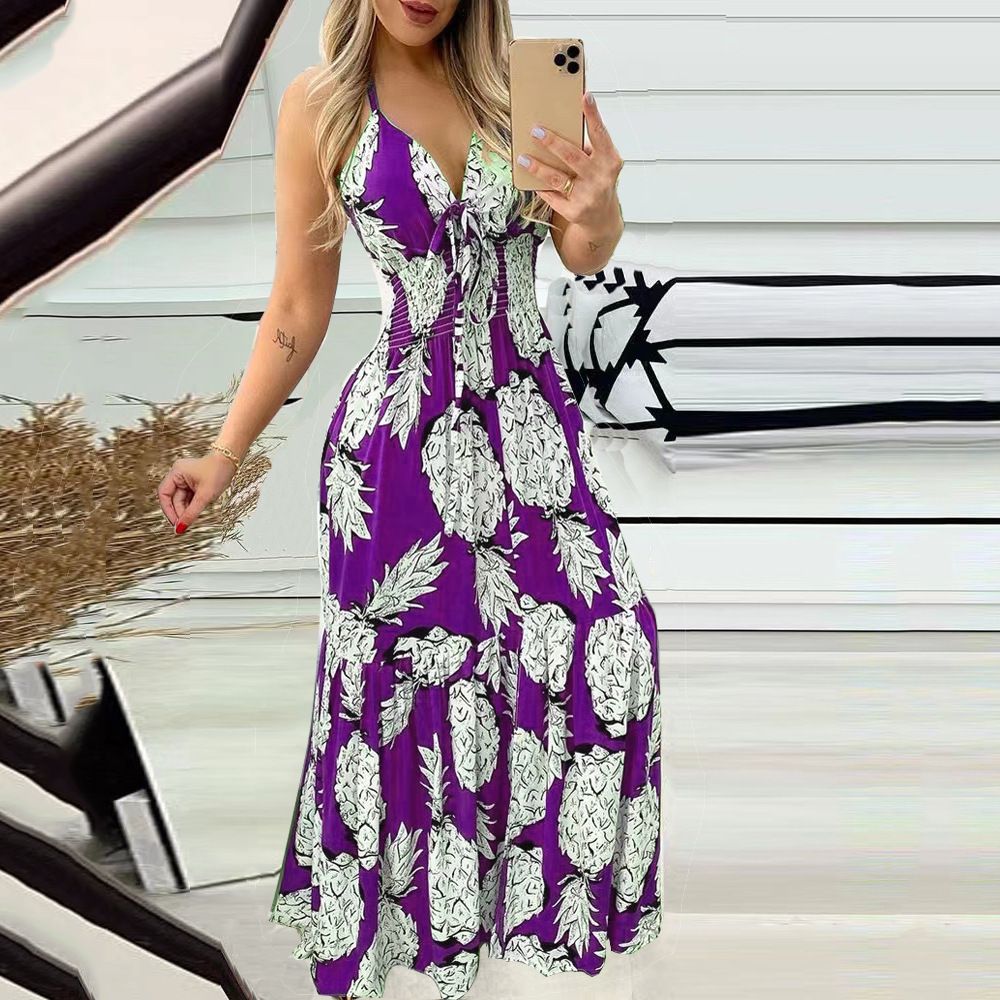 Women's fashion halter high waist printed long skirt sexy dress_ecoleips.com