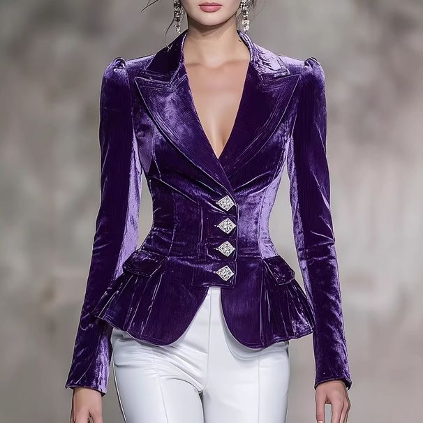 Cross-border Vintage Women's 2025 New European And American Style Slim-fit Slit Velvet Blazer Top_ecoleips.com