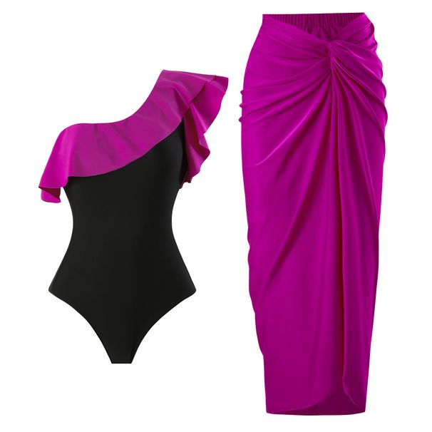 Women's Clothing sexy bikini one piece swimsuit chiffon skirt wrap skirt one shoulder suit swimsuit beach gathered conservative belly cover_ecoleips.com