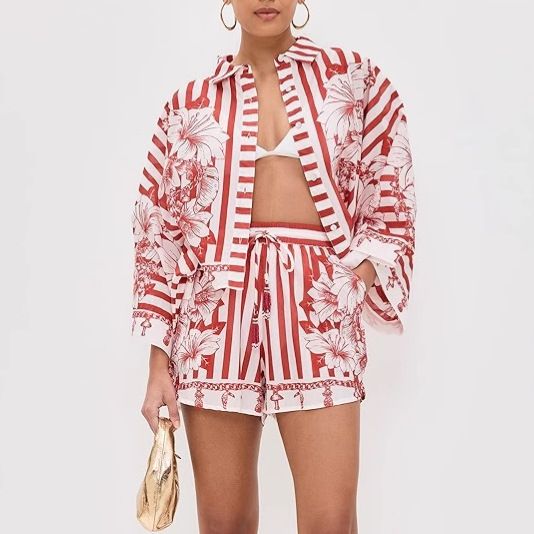 Women's Clothing Home Shorts Printed Cardigan Nine Point Sleeves Loose Bat Sleeve Shirt_ecoleips.com