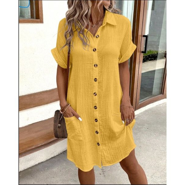 Women's Clothing Leisure Solid Color Single Breasted Medium Length Short Sleeved Loose Leisure Dress Women's Clothing_ecoleips.com