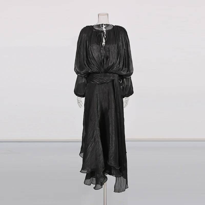 Solid Loose Spliced Folds Elegant Dresses For Women Round Neck Long Sleeves Patchwork Lace Up Dress Female Fashion N8M9_ecoleips.com