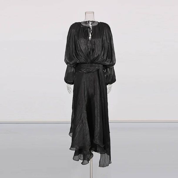 Solid Loose Spliced Folds Elegant Dresses For Women Round Neck Long Sleeves Patchwork Lace Up Dress Female Fashion N8M9_ecoleips.com