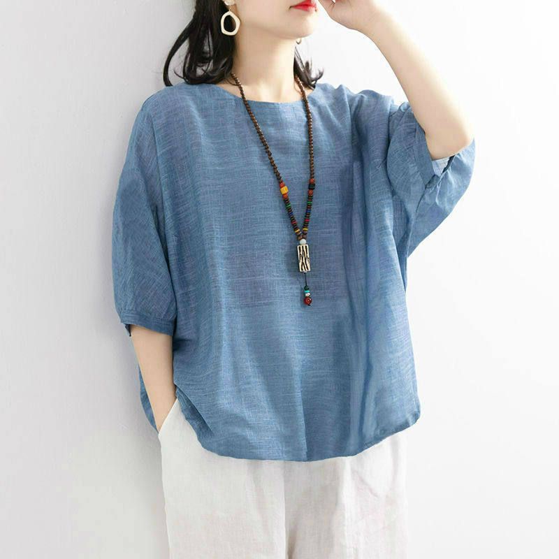 Summer Plus-Size Women's Clothing, Loose Casual Solid Color Faux Cotton-Linen Short-Sleeve Shirts, Tops, And Half-Sleeve_ecoleips.com