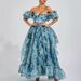 Elegant Porcelain Print Puff Sleeve Floral Dress Strapless High Waist Luxury Evening Gown Party Formal Dinner Cocktail Dress_ecoleips.com