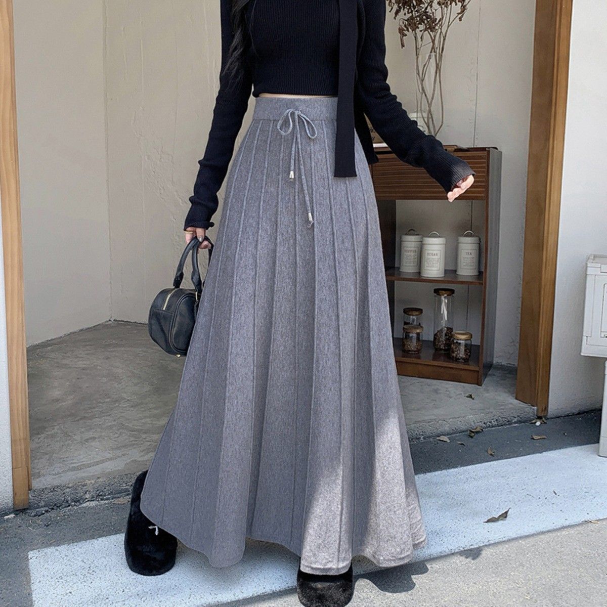 High-Waisted Knitted Midi Skirt Solid Color Minimalist Style Drawstring Casual Korean Mid-Length Pleated New Autumn Winter_ecoleips.com