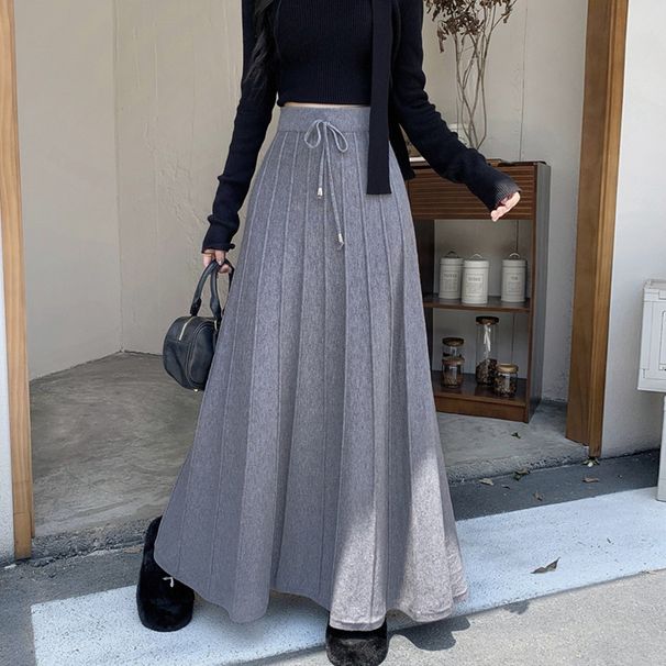 High-Waisted Knitted Midi Skirt Solid Color Minimalist Style Drawstring Casual Korean Mid-Length Pleated New Autumn Winter_ecoleips.com