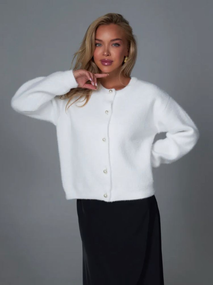 Faux Mink Knit Cardigan – Soft Oversized Button-Up Sweater Coat (One Size, Round Neck, Long Sleeve, Thick & Cozy, White, Perfect For Layering)_ecoleips.com