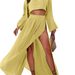 High Waist Chic Slit Cropped Top Women's Casual Holiday Two Piece Set Linen Blended Cotton Regular Fit Spring/Autumn Season_ecoleips.com