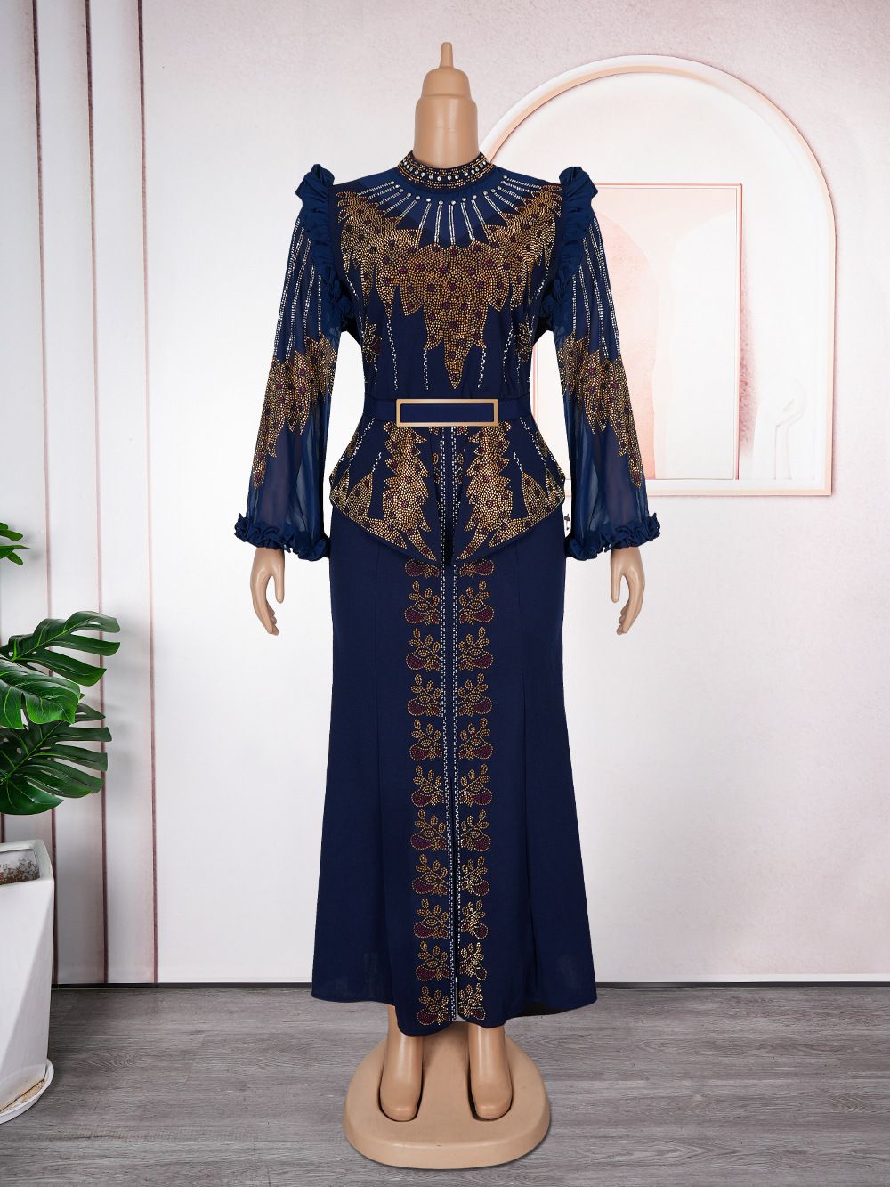 Elegant Plus Size Evening Dress With High Slit Sparkling Rhinestones Long Sleeve Tailored Bridesmaid Gown For Wedding Party(L-3XL)_ecoleips.com