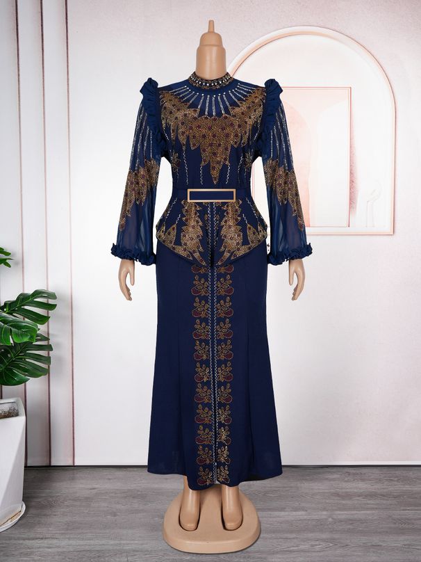 Elegant Plus Size Evening Dress With High Slit Sparkling Rhinestones Long Sleeve Tailored Bridesmaid Gown For Wedding Party(L-3XL)_ecoleips.com