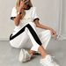 Women's Casual Summer Outfit Set – Comfortable Short Sleeve Top & Drawstring Pants With Minimalist Print (Black/White, S-XL, Breathable Loungewear)_ecoleips.com