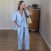 Women's Clothing Sweet Atmosphere Pure Color V Neck Bubble Short Sleeve Lace Up Trousers Suit_ecoleips.com