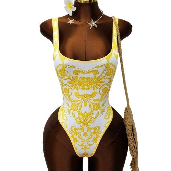 Bohemian One-Piece Swimsuit For Women, Floral Print Bathing Suit With Ruffle Detail, Vintage Style Hot Spring Beach Swimwear_ecoleips.com