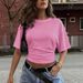 Summer Solid Color Women's T-Shirt Crew Neck Short Sleeve Slim Waist Gathered American Style_ecoleips.com