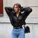 K New Design Sheer Black Mesh Shirt For Women; Fashionable, Loose, Bell-sleeved Blouse, Mid-length._ecoleips.com
