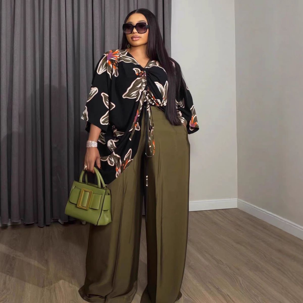 Women's Casual plus Size Pant Set Summer Wide Leg Trousers with Printed Drawstring Top European American Style Clothing_ecoleips.com