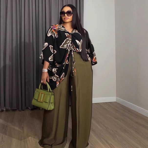 Women's Casual plus Size Pant Set Summer Wide Leg Trousers with Printed Drawstring Top European American Style Clothing_ecoleips.com