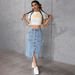 Women's High Waist Stretchy Denim Midi Skirt - Slit Detail Bodycon Pencil Skirt (Dark Blue/Light Blue/Black/Grey, S-XXL)_ecoleips.com