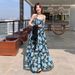 Blue Oil Painting Style High-end Suspender Dress, Summer Floral Dress Petite Women, Suitable For Travel And Photo Shoots_ecoleips.com
