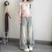 Petite American Retro Floral High-waisted Wide-leg Jeans For Women, Loose And Slimming Straight Pants With A Drapey Fit_ecoleips.com