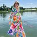 Women's V Neck Bubble Long Sleeve Swimsuit Printed One Piece_ecoleips.com
