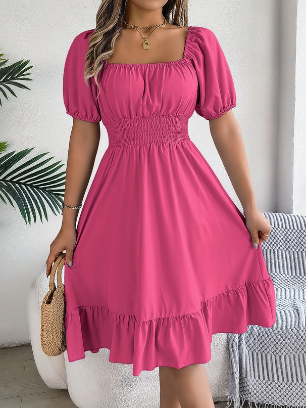 Real Shot Of 2026 Spring/Summer European And American Casual Square-neck Short-sleeve Waist-cinching Ruffle A-line_ecoleips.com
