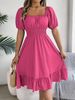 Women's Clothing Leisure Square Neck Short Sleeve Waist Ruffled A Line Skirt_ecoleips.com