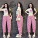 Women's Summer Casual Heart Print Two Piece Set Wide Leg Pants Bow Detail Plaid Short Sleeved Top Cute Fashion_ecoleips.com