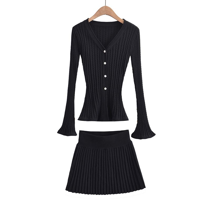 AP23249-23 Autumn New European And American Style Elastic Ribbed V-neck Long-sleeve Knit Cardigan Pleated Skirt Set_ecoleips.com