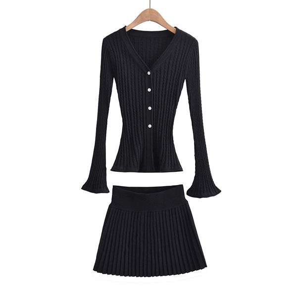 AP23249-23 Autumn New European And American Style Elastic Ribbed V-neck Long-sleeve Knit Cardigan Pleated Skirt Set_ecoleips.com