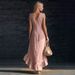 Bohemian V-Neck Maxi Dress for Women Sleeveless Cotton-Linen Blend Summer Dress with Flowy Ruffle Detail_ecoleips.com