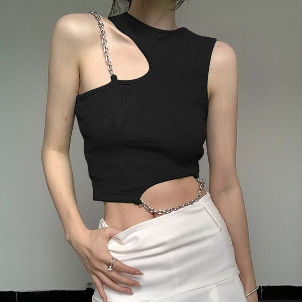 Thai Street Style Irregular Metal Chain Slim Fit New High Elastic Backless Crop Top Short Camisole_ecoleips.com