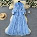 French Retro Elegant Women's Long Dress High End Stand Collar Single Breasted Waist Cinching Embroidered Mesh New Style_ecoleips.com