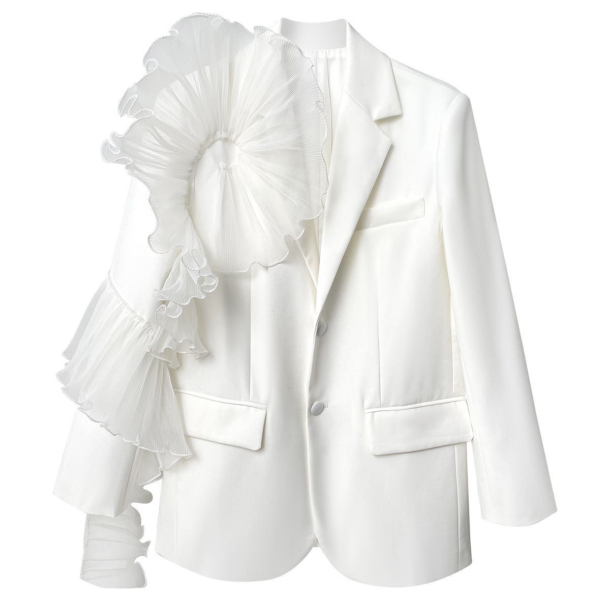 Women’s White Ruffle Detail Blazer – Single-Breasted Mesh Splicing Jacket (S/M/L, White/Black)_ecoleips.com