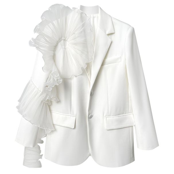 Women’s White Ruffle Detail Blazer – Single-Breasted Mesh Splicing Jacket (S/M/L, White/Black)_ecoleips.com