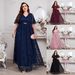Plus Size Women's Elegant Bridesmaid Dress V Neck Lace Large Skirt Fashion_ecoleips.com