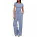 Women's Solid Color Casual Suit Pleated Short Sleeve Top And High Waisted Wide Leg Pants Sportswear Set Relaxed Everyday Wear Comfortable Feshion_ecoleips.com