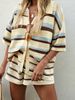 Women's Striped Knit 2 Piece Outfit, Hollow Out Short Sleeve Polo Neck Top & Elastic Waist Shorts Set, Casual Loose Summer Loungewear For Daily Beach_ecoleips.com