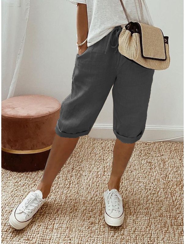 Women's Cotton Linen Elastic Waist Casual Pants With Pockets Five Point Cut Spring/Autumn Regular Fit Office Street Style_ecoleips.com