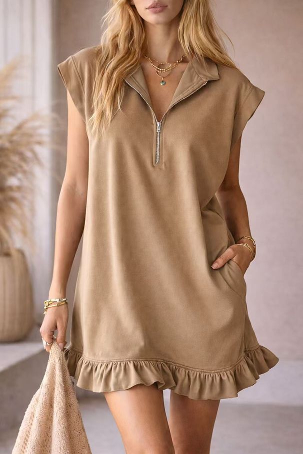 Sleeveless A-Line Dress With Double Pockets & V-Neck – Flounce Hem, Zipper Detail (Xs-Xxxl, Polyester-Spandex Blend)_ecoleips.com