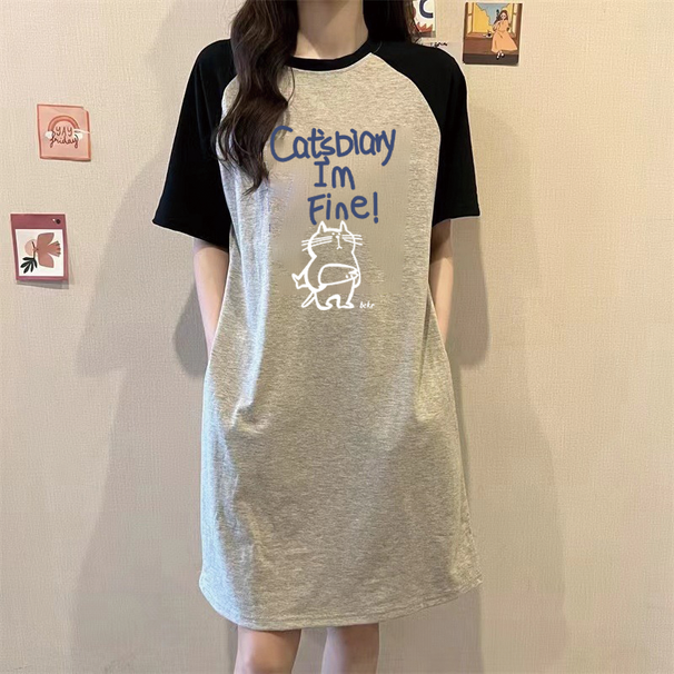 Summer Korean-style Cute Cartoon Letter Cat Loose Round-neck Short-sleeved Women's Dress_ecoleips.com
