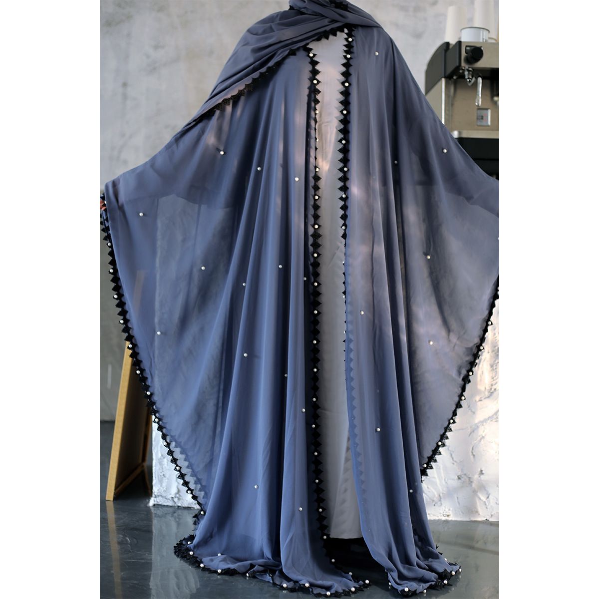 Women's Clothing Modest Abaya Dress Elegant Lace-Trimmed Beaded Abaya Dress – Modest Long Sleeve Open Front Muslim Gown With Belt (One Size, Blue)_ecoleips.com