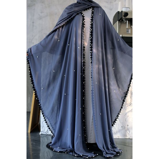 Women's Clothing Modest Abaya Dress Elegant Lace-Trimmed Beaded Abaya Dress – Modest Long Sleeve Open Front Muslim Gown With Belt (One Size, Blue)_ecoleips.com
